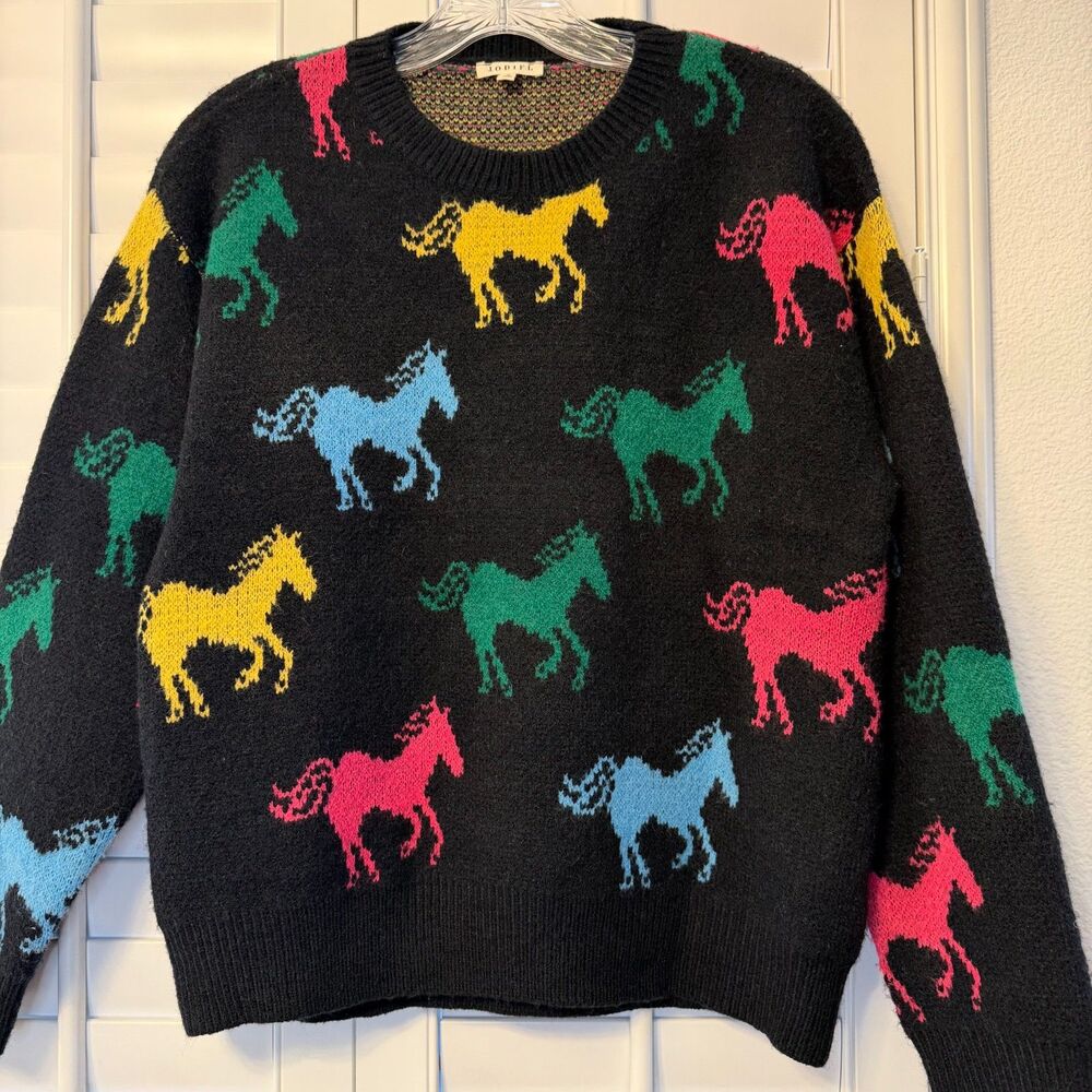 Jodifl Multi Color Graphic Horse Intarsia Knit Crewneck Sweater Size Small
